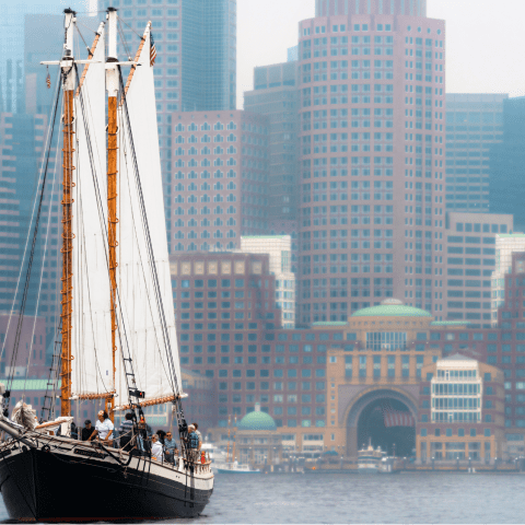 Sailing ship in harbor with modern city skyline in the background.