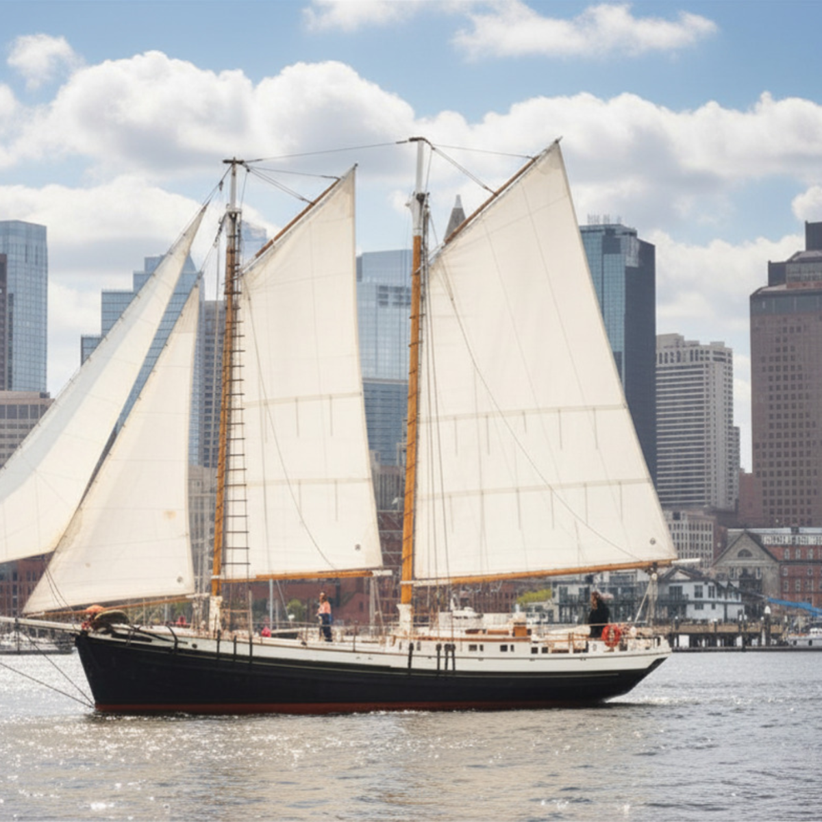 Sailboat with three sails on water, city skyline in background.