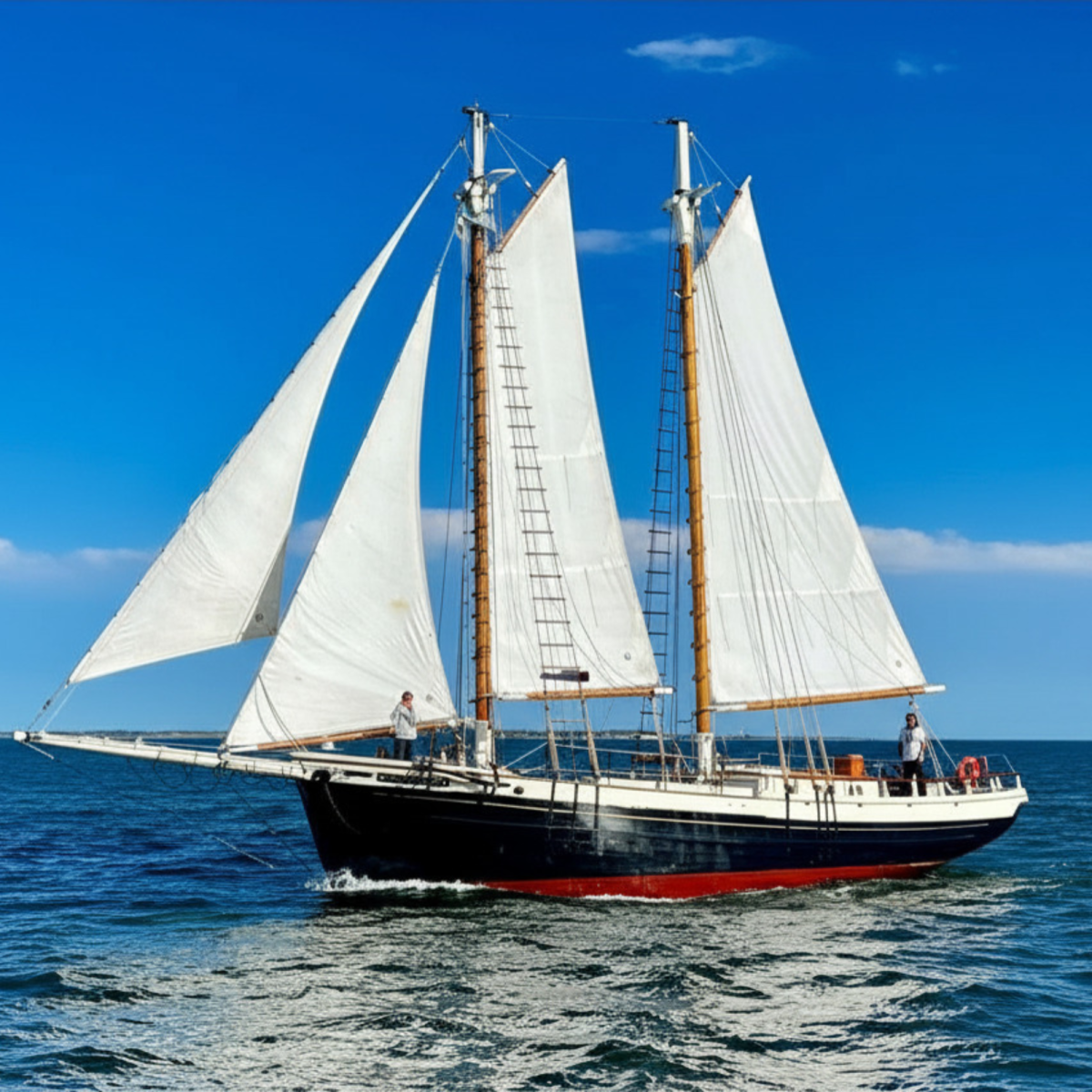 Sailboat with white sails on calm blue water, clear sky.
